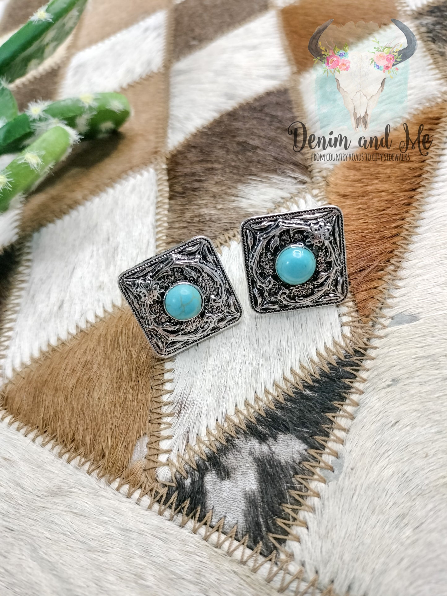 Square Turquoise Concho Earrings
