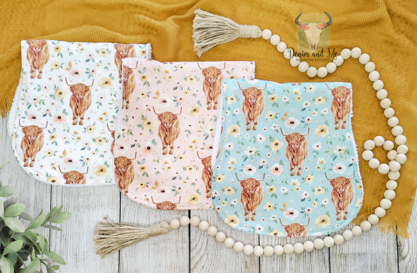 Highland Cow and Floral Burpcloth Gift Set