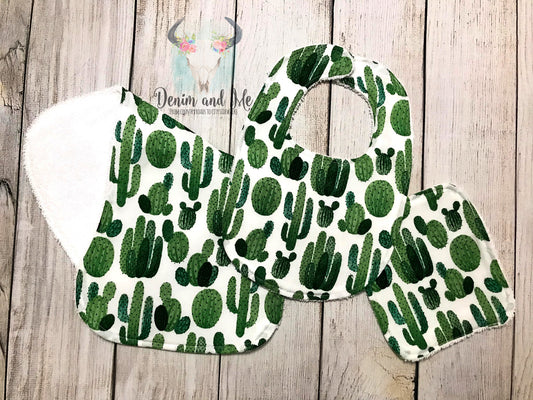 Green Cactus Burpcloth, Bib, Washcloth Gift Set