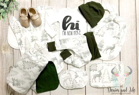 "Hi I'm New Here" Deer and Trees Baby Gift Set