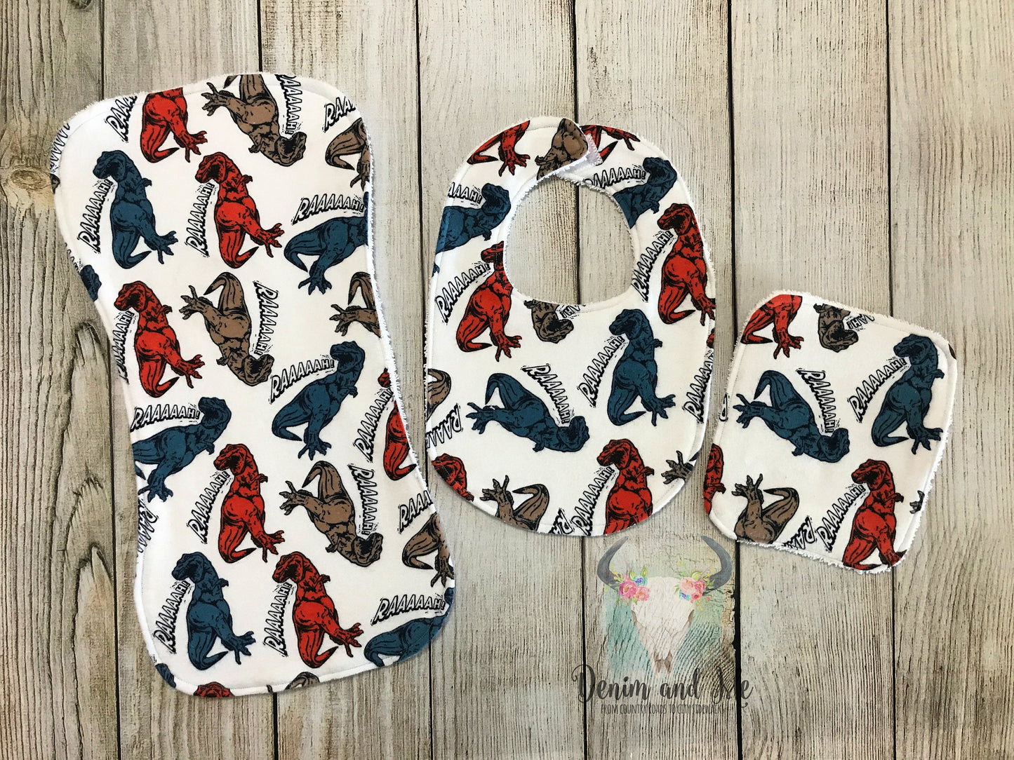 T-Rex Dinosaur Baby Boy Burpcloth, Bib, and Washcloth Gift Set