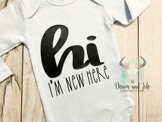 "I'm New Here" Blue and White Striped Bodysuit