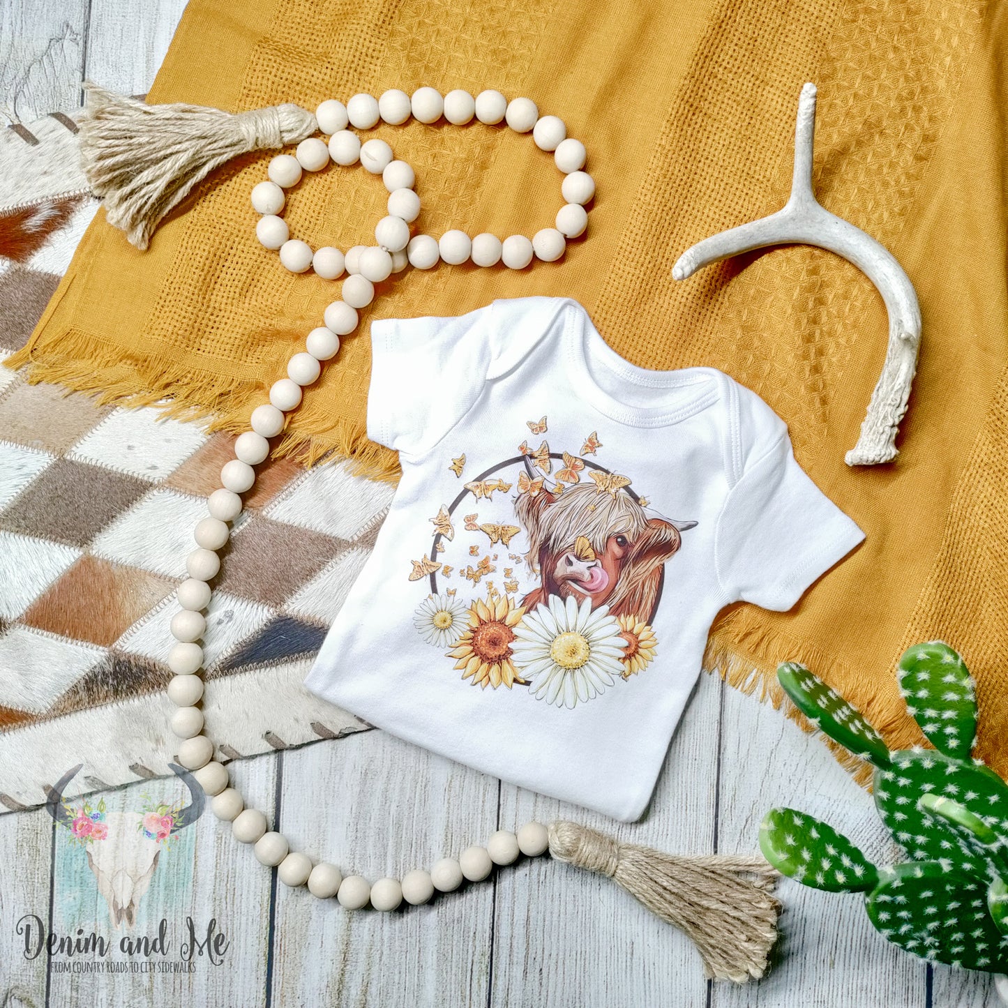 Highland Cow and Sunflowers Baby Bodysuit